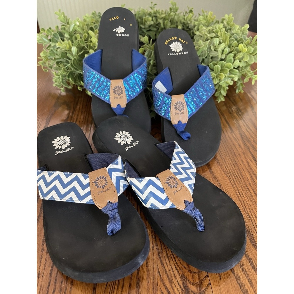 Yellow Box Blue Sequin & Blue Chevron Flip Flop Sandals for‎ Women Casual Size 9